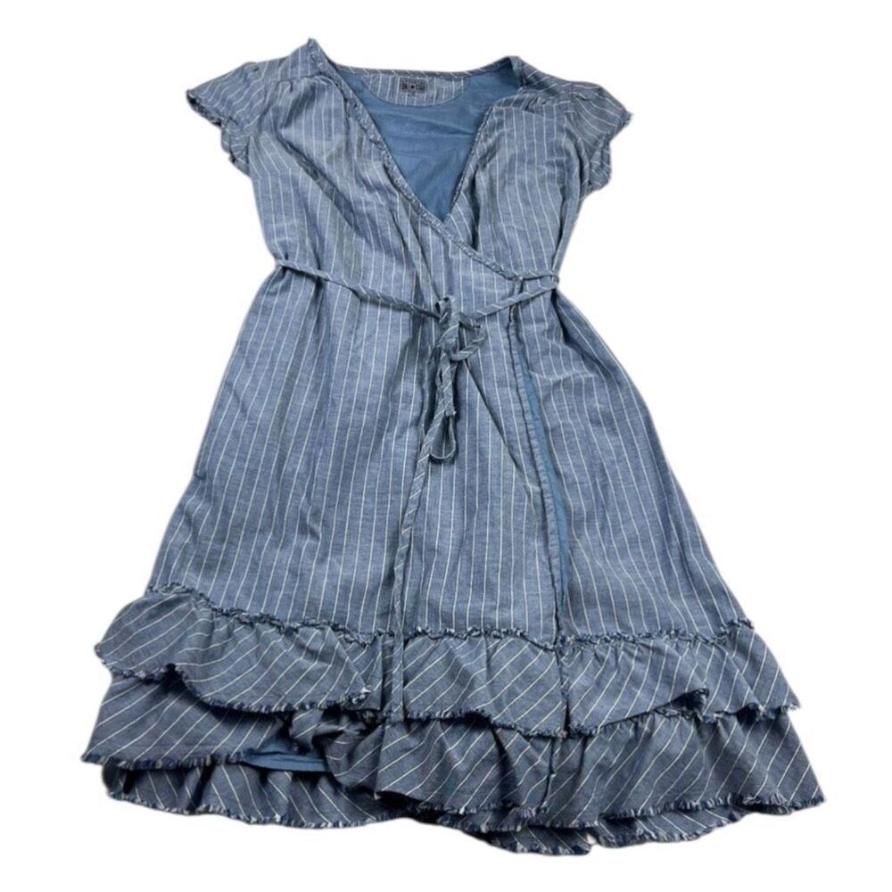 Converse Casual Wrap Dress Pinstriped Ruffled Hem Adjustable Tie Waist V-Neck S